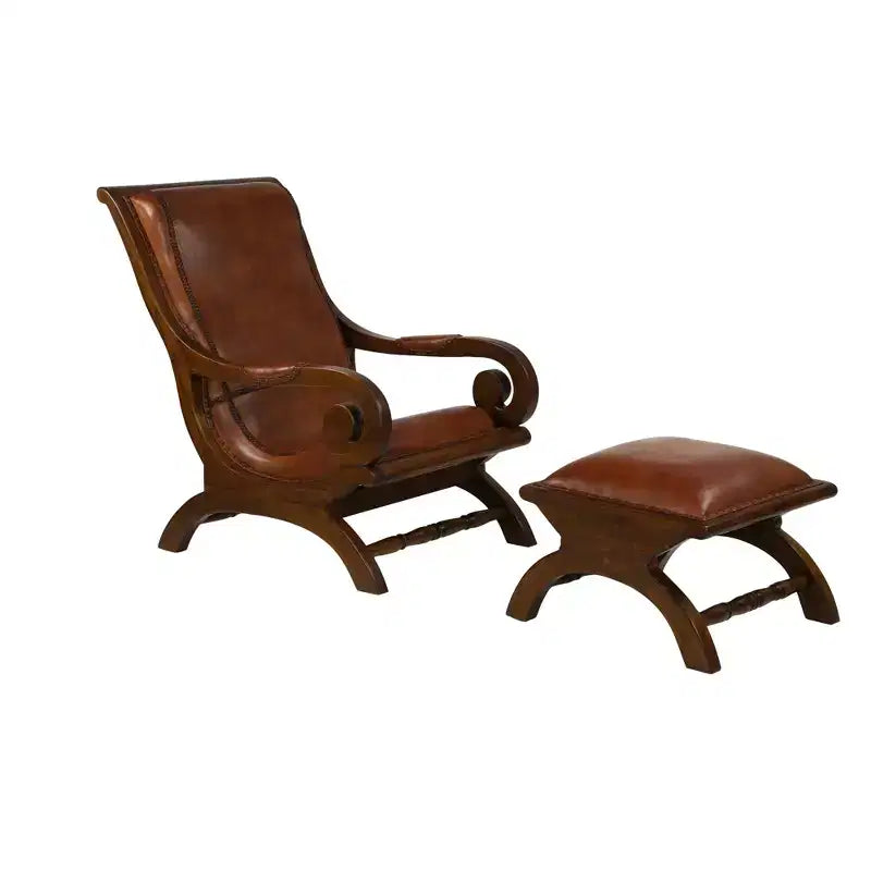 Poltrona accent in legno di teak tradizionale con braccioli e poggiapiedi rivestiti in pelle marrone