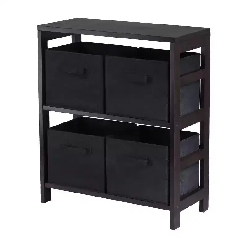 4pc Capri Set Storage Shelf with Folding Fabric Baskets Espresso Brown/Black - Winsome: Mid-Century Modern, Wood Composite