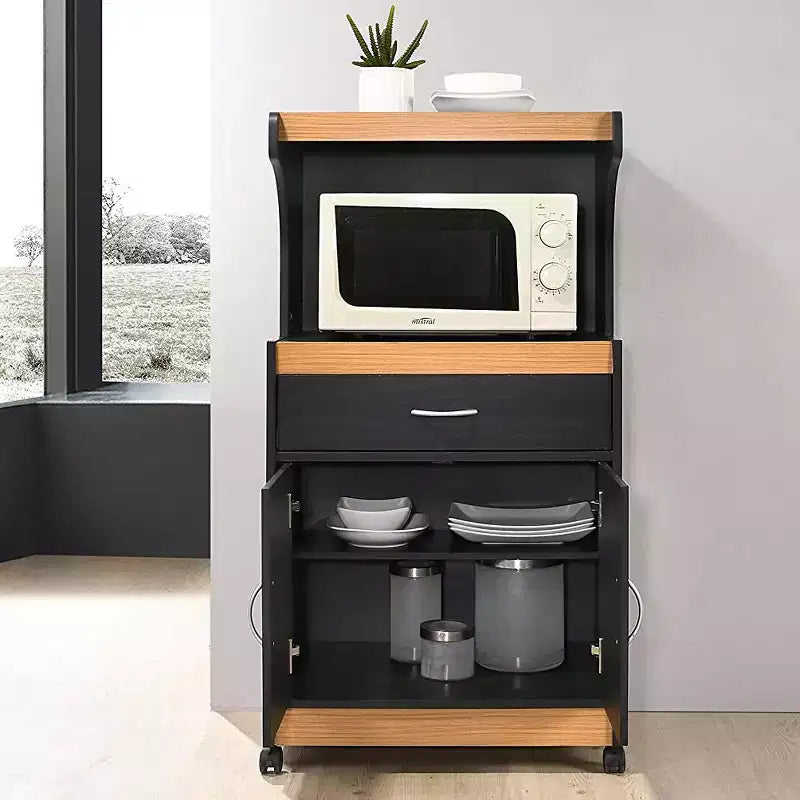 Carrello da Cucina con Isola a Rotelle, Cassetto e Ante Contenitore, per Microonde – Nero Faggio