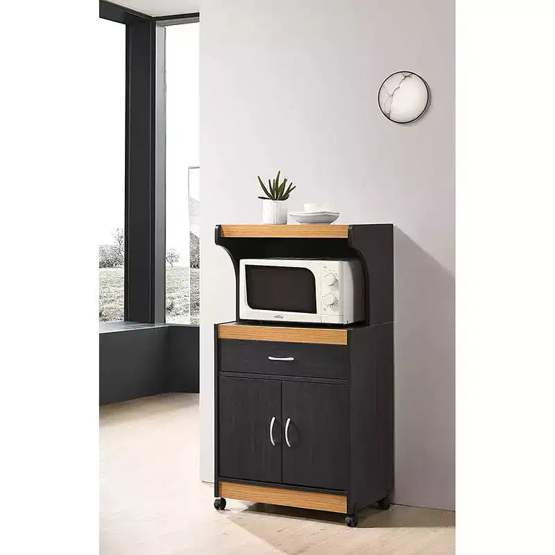 Carrello da Cucina con Isola a Rotelle, Cassetto e Ante Contenitore, per Microonde – Nero Faggio