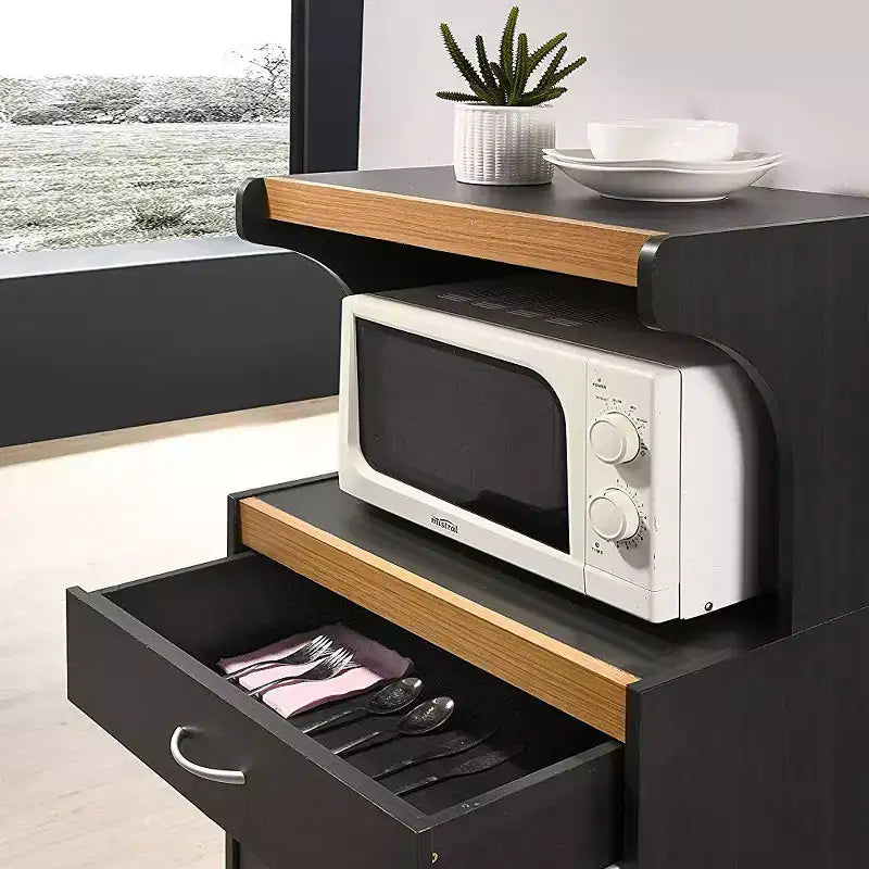 Carrello da Cucina con Isola a Rotelle, Cassetto e Ante Contenitore, per Microonde – Nero Faggio