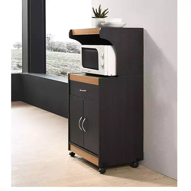 Carrello da Cucina con Isola a Rotelle, Cassetto e Ante Contenitore, per Microonde – Nero Faggio