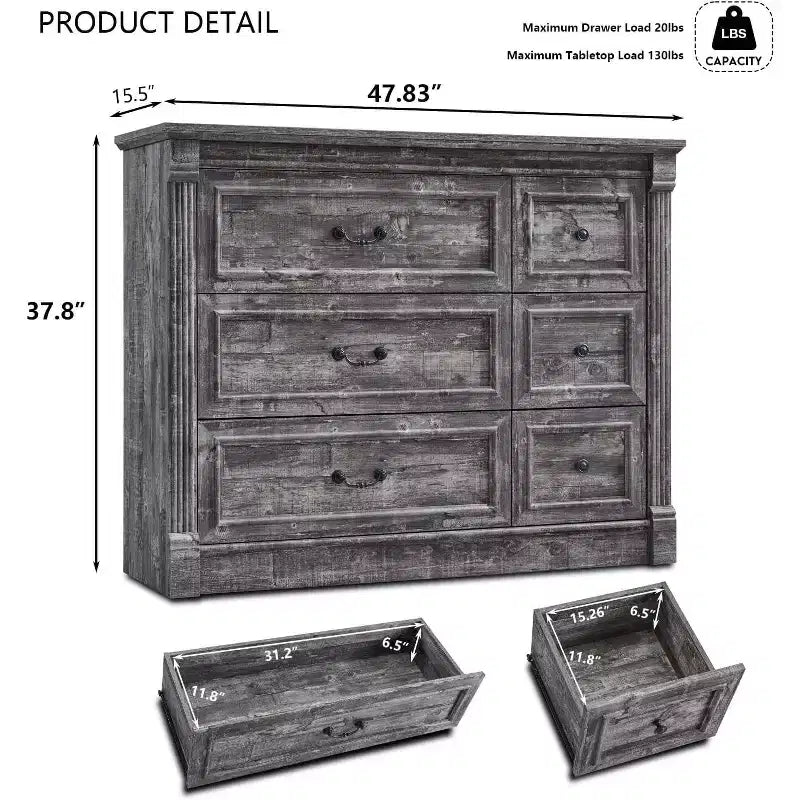 Comò a 6 cassetti in stile coloniale largo 122 cm – Mobile contenitore per camera da letto con design a colonna romana