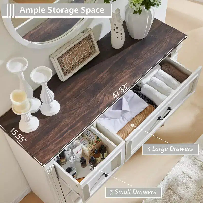 Comò a 6 cassetti in stile coloniale largo 122 cm – Mobile contenitore per camera da letto con design a colonna romana
