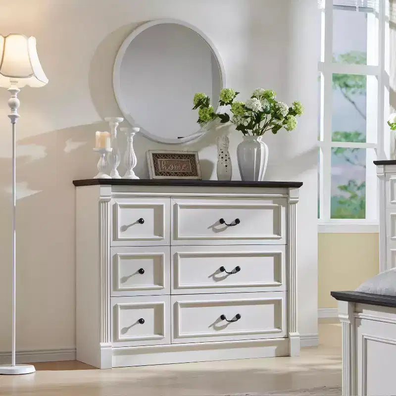 Comò a 6 cassetti in stile coloniale largo 122 cm – Mobile contenitore per camera da letto con design a colonna romana