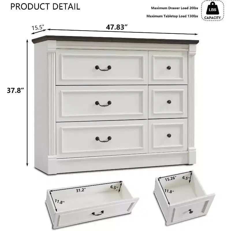 Comò a 6 cassetti in stile coloniale largo 122 cm – Mobile contenitore per camera da letto con design a colonna romana