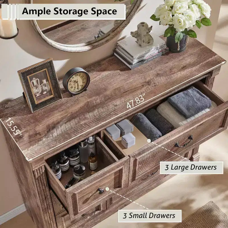 Comò a 6 cassetti in stile coloniale largo 122 cm – Mobile contenitore per camera da letto con design a colonna romana