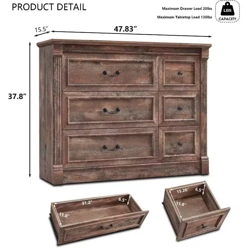 Comò a 6 cassetti in stile coloniale largo 122 cm – Mobile contenitore per camera da letto con design a colonna romana