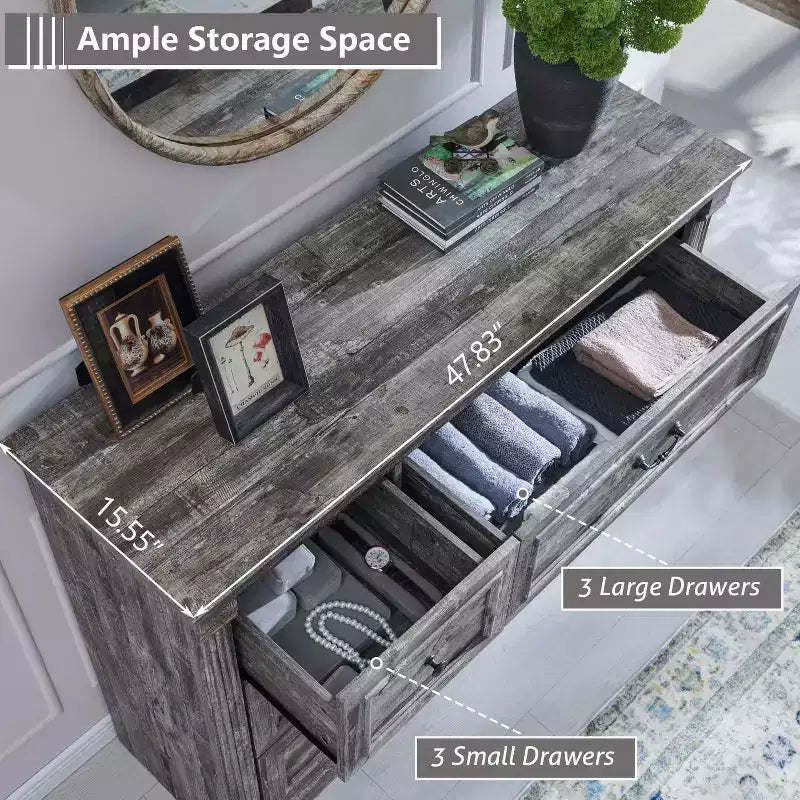 Comò a 6 cassetti in stile coloniale largo 122 cm – Mobile contenitore per camera da letto con design a colonna romana