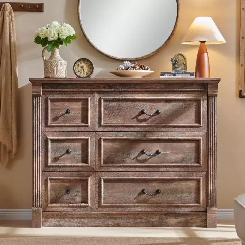 Comò a 6 cassetti in stile coloniale largo 122 cm – Mobile contenitore per camera da letto con design a colonna romana