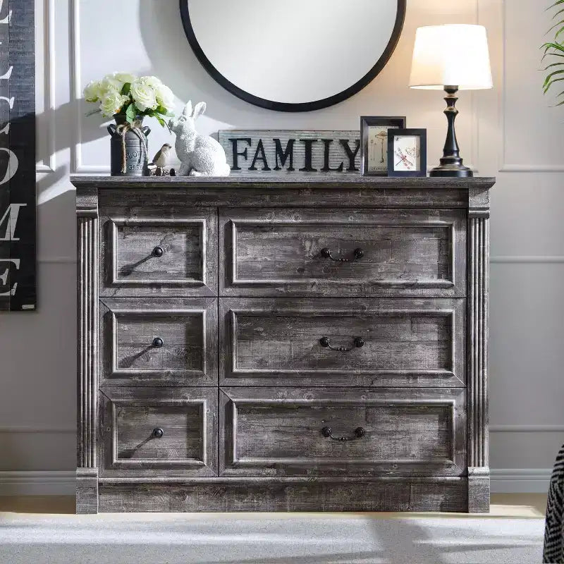 Comò a 6 cassetti in stile coloniale largo 122 cm – Mobile contenitore per camera da letto con design a colonna romana